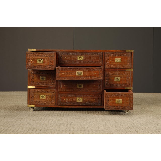 Vintage Campaign Style Inlaid Walnut Dresser Chest, Brass Inlay Carved Wood 10 Drawer Cabinet For Sale - Image 4 of 18