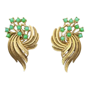 Vintage 1960s Signed Crown Trifari Goldtone Cabochon Faux-Jade Clip Earrings - 2 Pieces