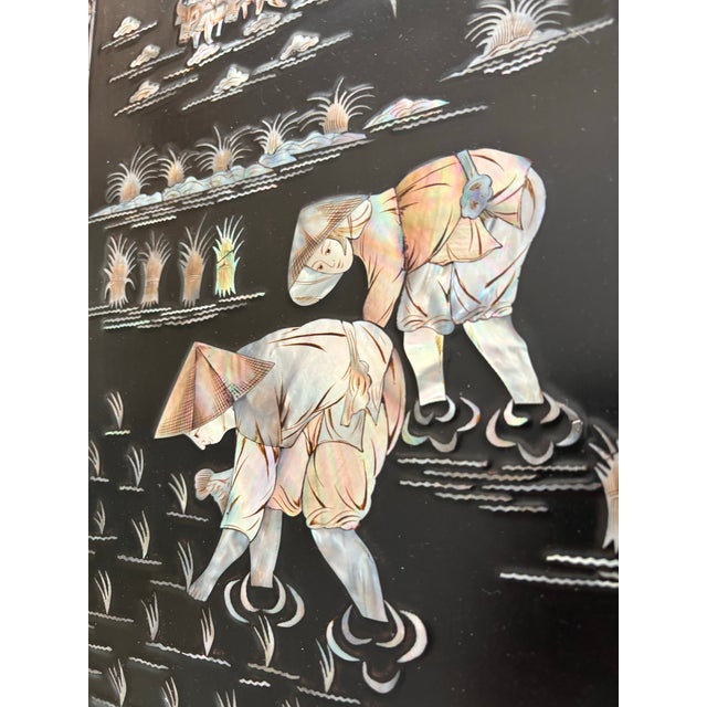 Set of Four Chinese Japonisme Black Lacquer Panels With Dimensional Mother-of-Pearl Inlay, Figural Pastoral Scenes For Sale - Image 10 of 12