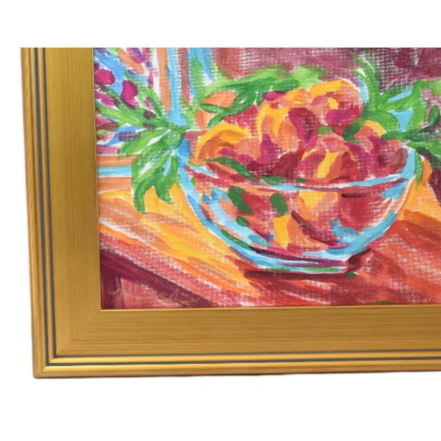 Original impressionist painting of a bowl of peaches on a stretched artist's canvas. Signed by the artist "Charlene Marsh"...