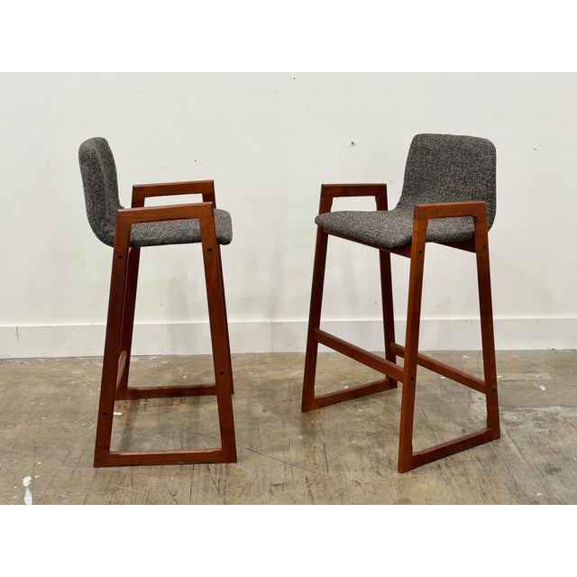 1960s Pair Danish Modern Teak Barstools - Mid Century Upholstered Bar Stools For Sale - Image 9 of 9