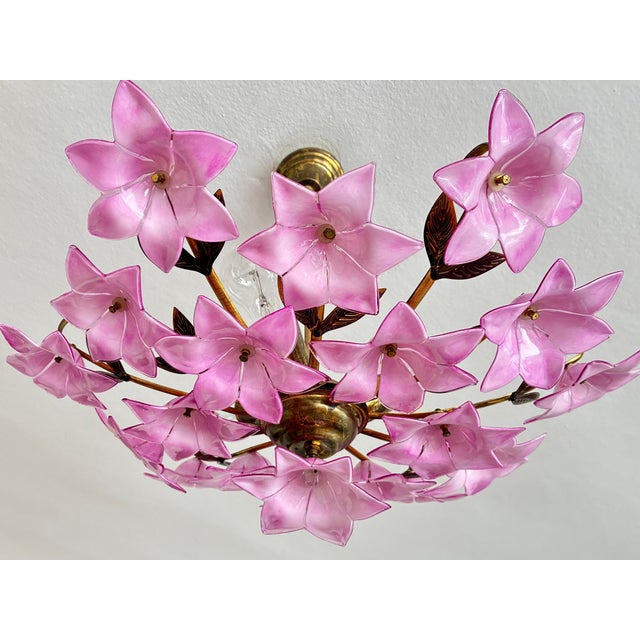 1980s Italian Style Pink Floral Crystal Flush Mount Chandelier, 3-Light For Sale - Image 11 of 17