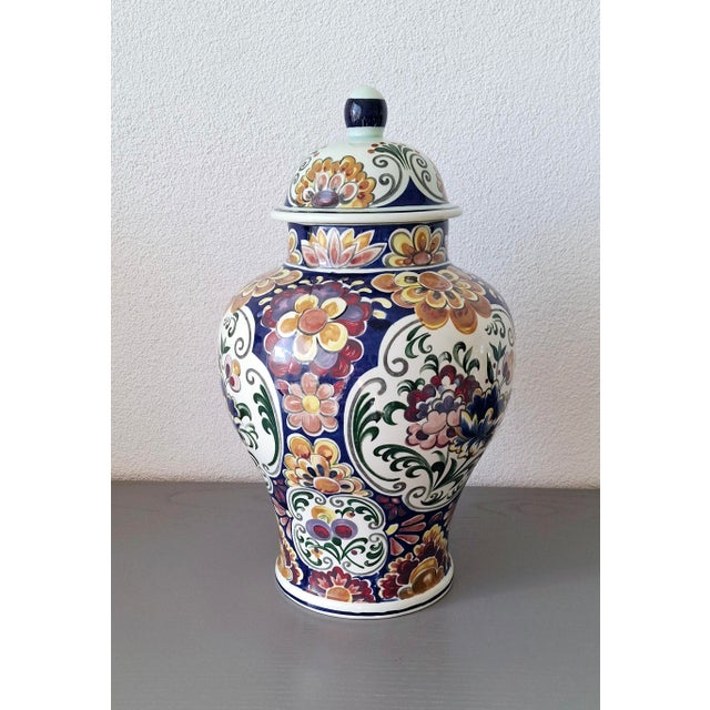 1970s Set of Three Handworked Polychrome Boch Faience Vases, Premium Belgian Garniture Set For Sale - Image 5 of 11