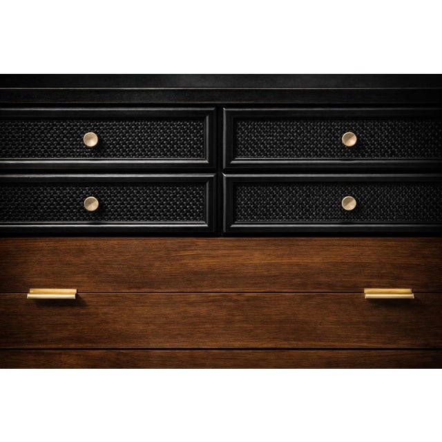 Vintage Mid-Century Walnut Dresser With Black Cane Drawer Fronts & Brass Hardware For Sale - Image 4 of 7