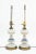Pair of Art Nouveau Milk Glass Electrified Oil Lamps, hand-painted gilt and blue flower form motif, mounted on circular...