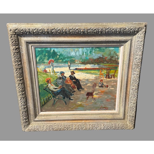 Paint Mid 20th Century Bart Leroy Signed Original Oil Painting French Park Paris Impressionist Framed For Sale - Image 7 of 12
