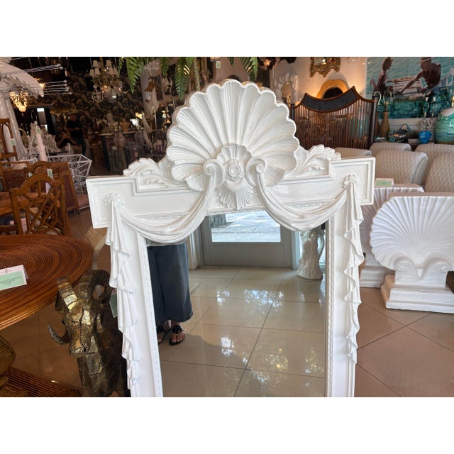 Vintage Palm Beach Shell Draped White Lacquered Wall Mirror Pair Available For Sale - Image 4 of 11