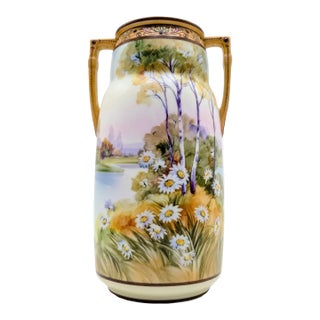 Antique Art Nouveau Hand-Painted Nippon Morimura Daisy Landscape Vase For Sale