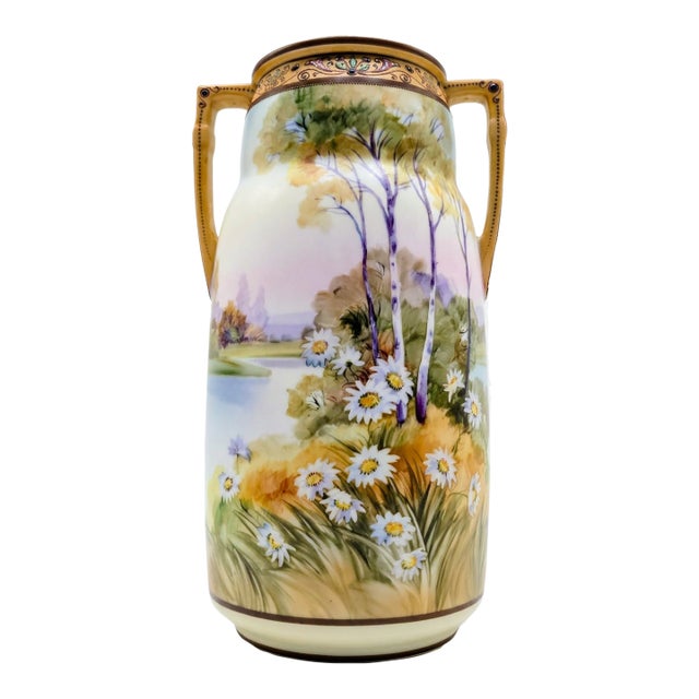 Antique Art Nouveau Hand-Painted Nippon Morimura Daisy Landscape Vase For Sale