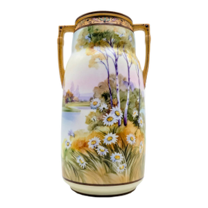 Antique Art Nouveau Hand-Painted Nippon Morimura Daisy Landscape Vase