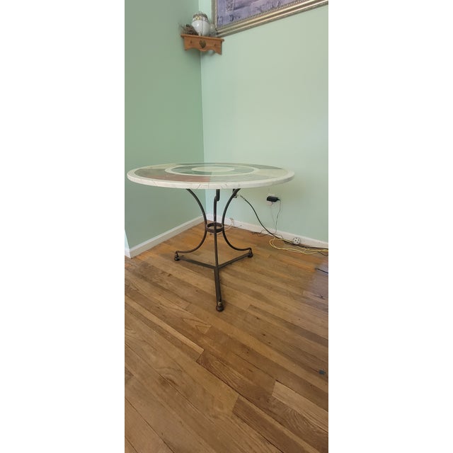 French Provincial Vintage Pietra Dura Style Resin Top Bar Table With Iron Tripod Base For Sale - Image 3 of 5