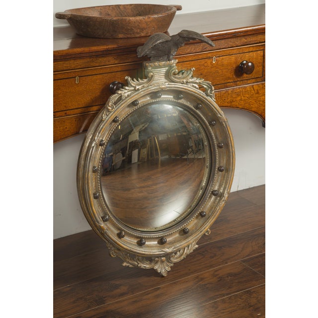 Silver English 1900s Silver Leaf Convex Girandole Bullseye Mirror with Eagle Motif For Sale - Image 8 of 12