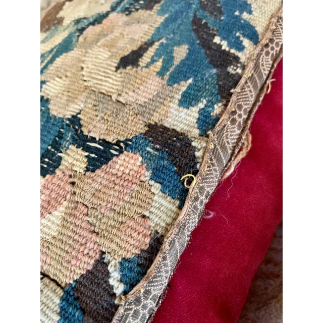 Scarlet Antique 18th Century European Verdure Tapestry Fragment Velvet Pillows With Bullion Fringe- A Matching Pair For Sale - Image 8 of 10