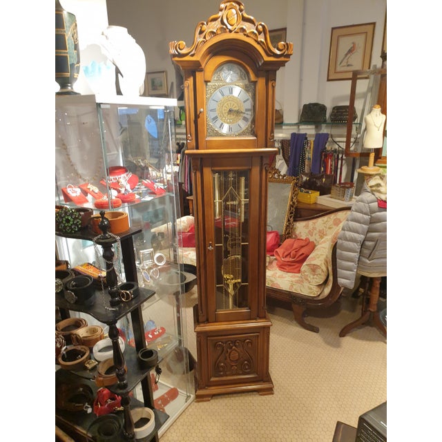 Wood Long Vintage Pendulum Clock in Mahogany with Carved Decorations and Roman Number Dial, 1980s For Sale - Image 7 of 7
