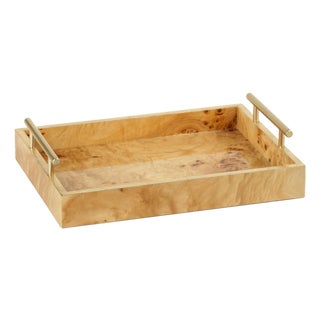 Leiden Burl Wood Rectangular Tray with Gold Handles- 13" x 9.5" x 2.5" For Sale