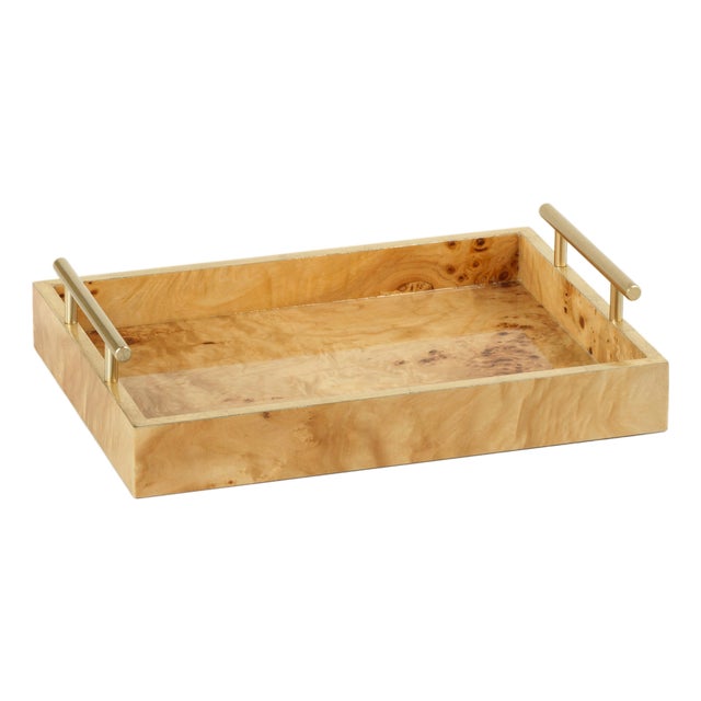 Leiden Burl Wood Rectangular Tray with Gold Handles- 13" x 9.5" x 2.5" For Sale