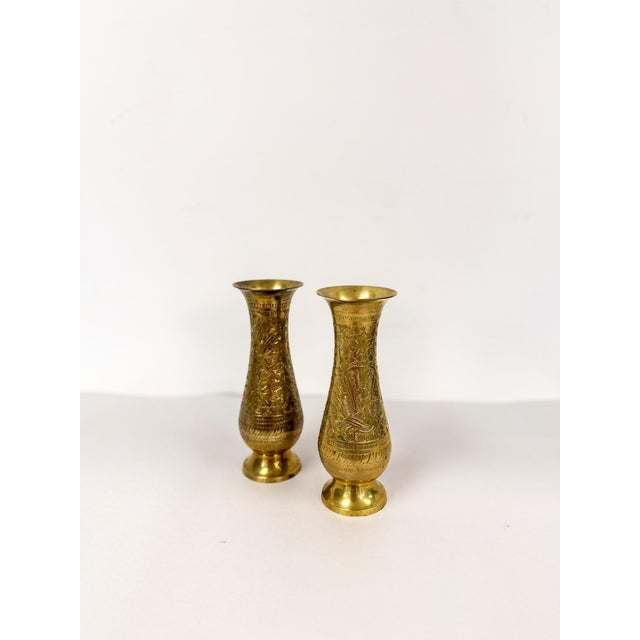 This lovely pair of vintage hand etched brass flower vases are a delicate and beautifully crafted Hollywood Regency...