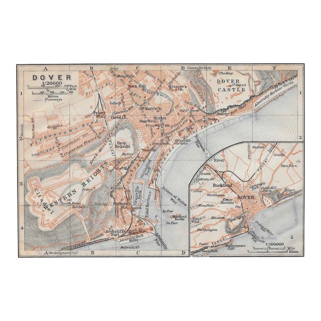 1910 Antique Map of Dover England For Sale