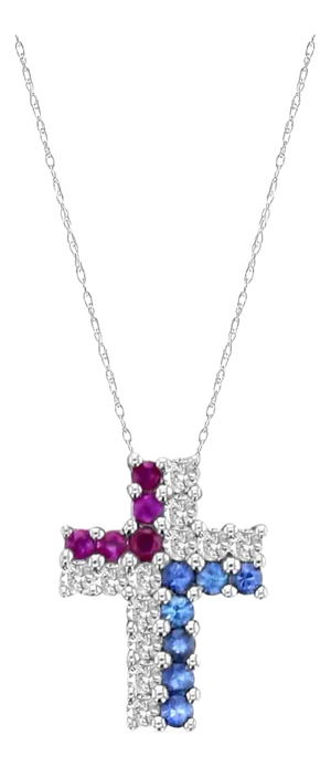 Diamond, Ruby & Sapphire Cross Necklace 14k White Gold 16"
