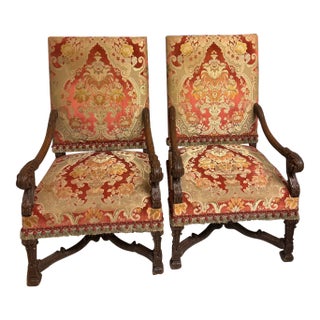 Mid 19th Century Pair of Louis XIV Style Antique Chairs- Red Velvet & Silk For Sale