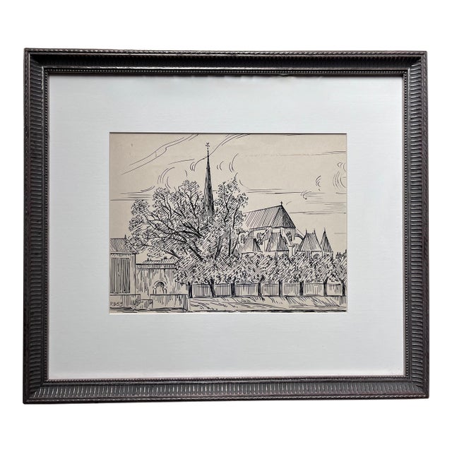 Custom Framed Ink Sketch-Nemours,France, 1953-Signed For Sale