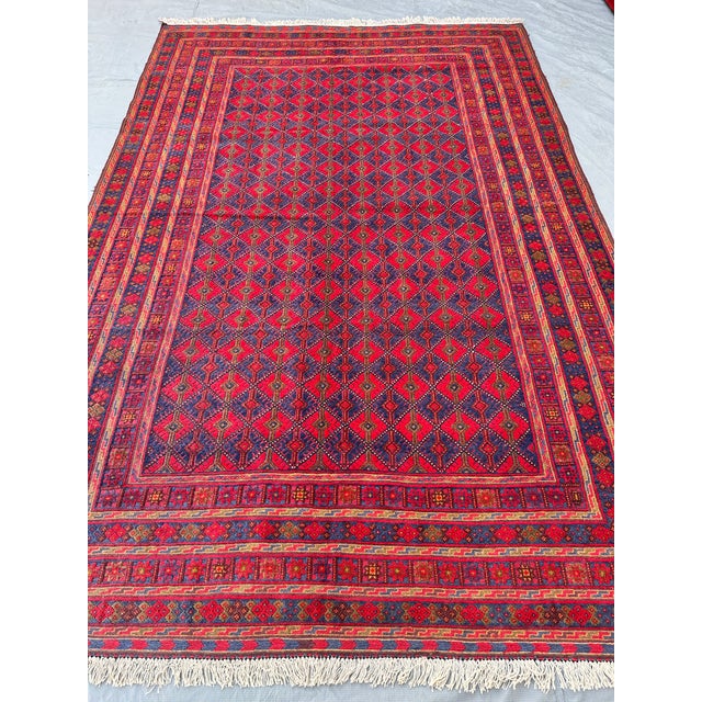 Good Quality Red and Navy Mushwani Andkhoy Hand-Woven Wool Rug - 6'8" X 10' For Sale - Image 6 of 12