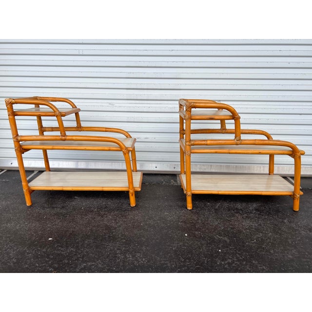 Paul Frankl Vintage Mid-Century Modern 3-Tier Bamboo & Rattan Side Tables - A Pair For Sale - Image 4 of 9