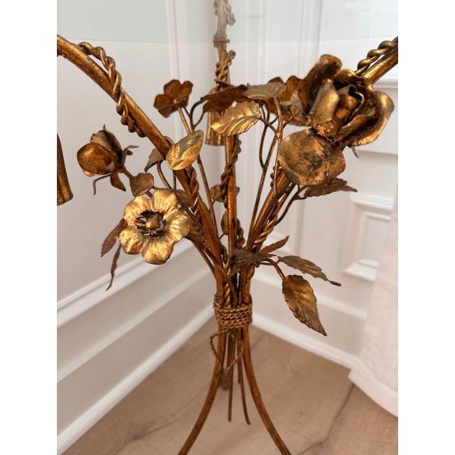 Florentine Vintage Italian Style Gilt Tole Floral Side Table With Glass Top and Tassel Details For Sale - Image 4 of 5
