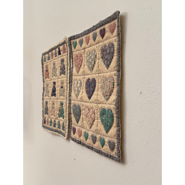 Pair of Vintage American Folk Art Hearts & Bears Quilted Textile Art, Dusty Pink, Baby Blue, Off-White For Sale - Image 11 of 12