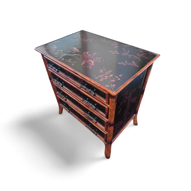 1990s Theodore Alexander Chinoiserie Lacquer Chest Bird Motif W/ Bamboo Hardware 4 Drawer For Sale - Image 12 of 14