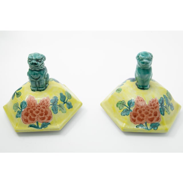 Yellow Chinese Hand Painted Ceramic Urns - a Pair For Sale - Image 8 of 12