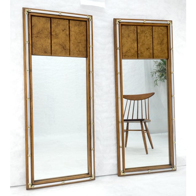 Pair of c1970s Mid Century Faux Bamboo Crome & Burl Rectangle Wall Mirrors MINT For Sale - Image 12 of 16