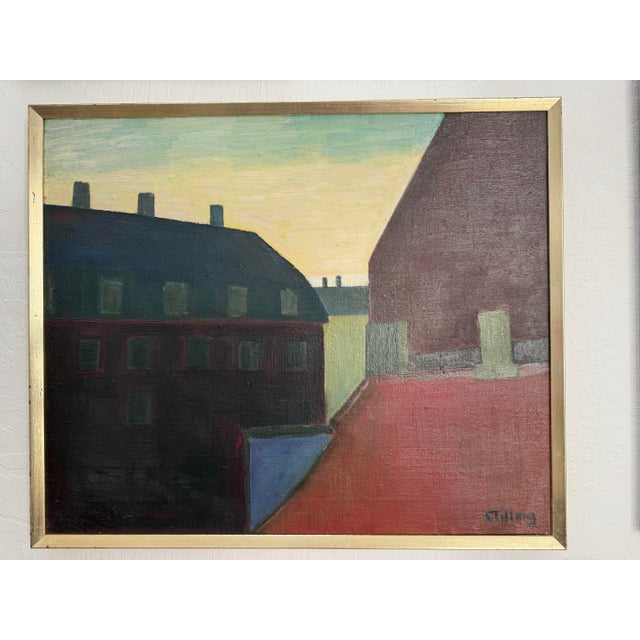 Herman Stilling (Danish, 1925-1996) framed oil painting titled “Buildings at Dawn.” Signed lower right corner as well as...