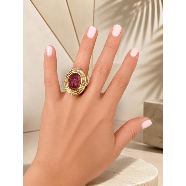 Vintage Italian 18k Gold Carved Rubellite Tourmaline Diamond Bombe Ring, Size 7 For Sale - Image 11 of 12