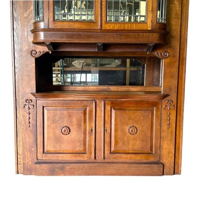 Art Nouveau Oak & Leaded Beveled Glass Bar-Back C1910 For Sale - Image 4 of 14