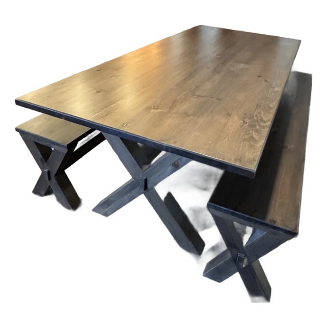 Vermont Grey Washed Solid Pine Trestle Table With 2 Benches Contemporary - Set of 3 For Sale