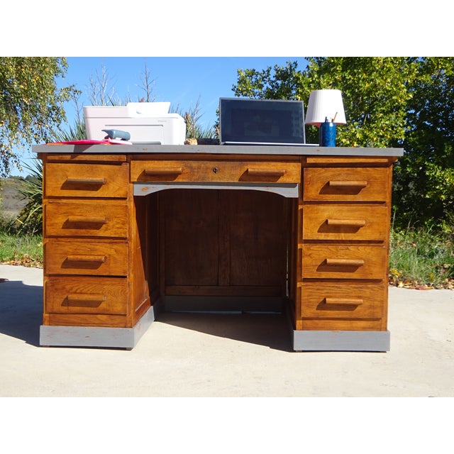 Gray Vintage American Oak Desk, 1950s For Sale - Image 8 of 18