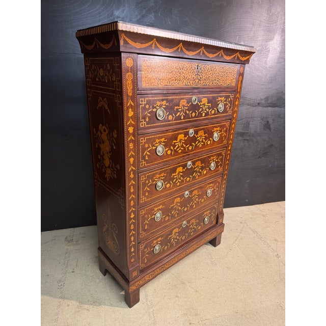 Wood Tall 18th Century Dutch Marquetry Chest of Drawers For Sale - Image 7 of 17
