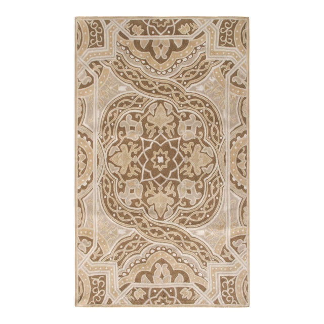 Rug & Kilim’s Handmade Chain Stitch Rug, Beige-Brown Geometric Pattern For Sale