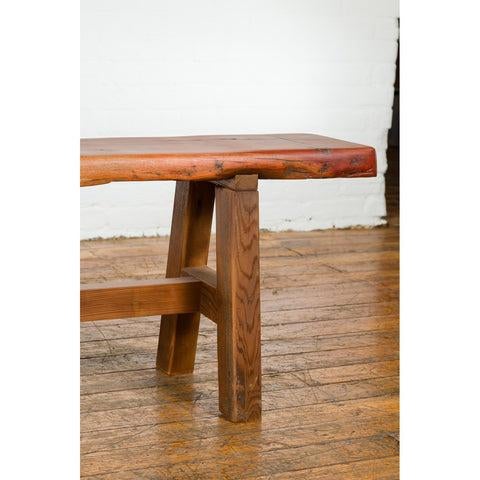 Wood Mingei Style Rustic A-Frame Wooden Bench Made of Railroad Ties with Stretcher For Sale - Image 7 of 12