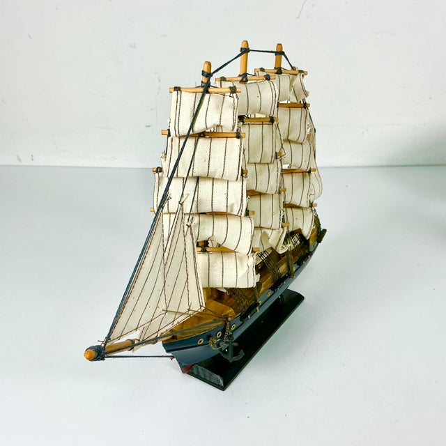 Mid-Century Nautical Coastal Boho Chic Wood Four Tall Mast Ship Model For Sale - Image 10 of 16