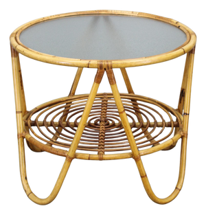 Mid-Century Italian Round Rattan Coffee Table with Glass Top, 1960s