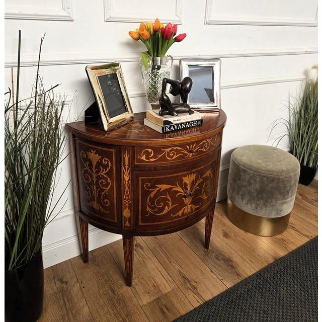 Neoclassical Demi-Lune Commode in Marquetry Inlay Burl Wood, 1960s For Sale - Image 4 of 9