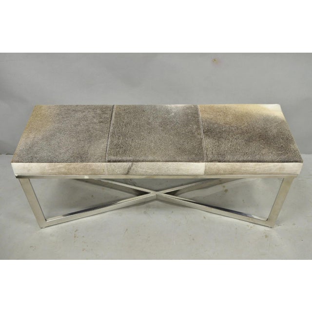 Contemporary Modern Leather Cowhide Silver Chrome Metal X-Frame Stretcher Base Bench For Sale - Image 3 of 15