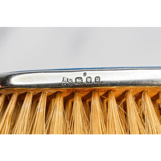 Amazing Antique Guilloche Enamel Sterling Silver Mirror & Brush Set Boxed London 1930 Art Deco Luxury For Sale - Image 16 of 17