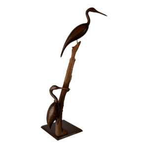 1970s Vintage Art Carved Wood Heron Sculpture on Driftwood Base