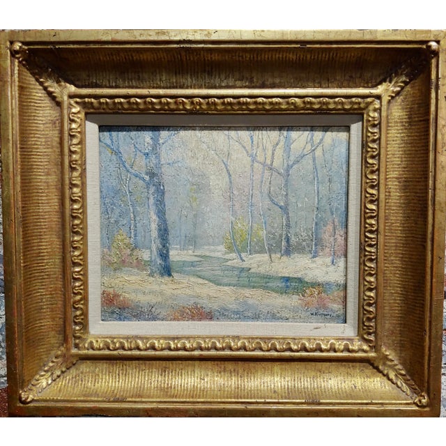William Krullaars -Winter Solitude by the Creek Landscape - oil painting-c1900s oil painting on board -signed circa...