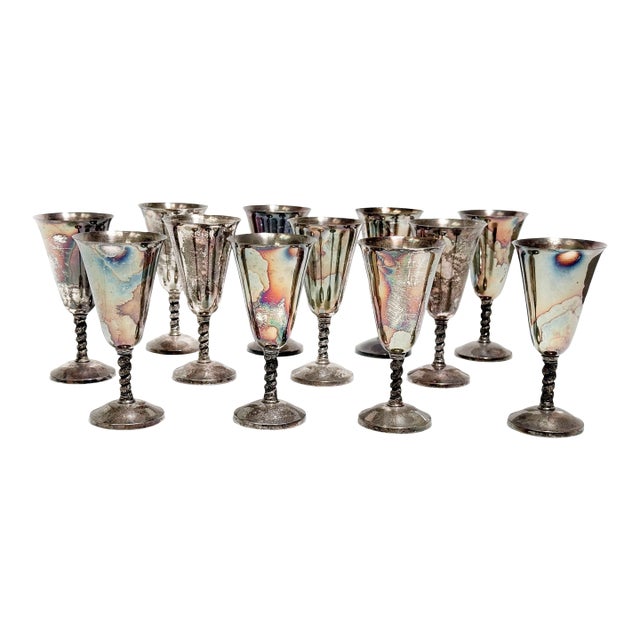Mid Century Spanish Silver Plated Vine Wrapped Stemmed Tall Drinking Goblets - 12 Pieces For Sale