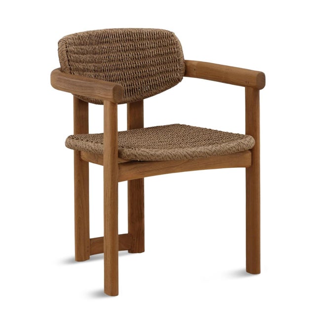 Outdoor dining chair with attractive warm brown faux wicker woven back and seat and teak wood frame. Rounded modern simple...