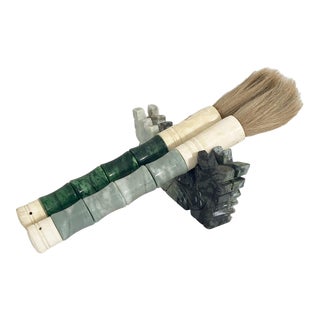 Chinese Jadeite Jade Stone Brush Stand and Set of Two Calligraphy Brushes. For Sale